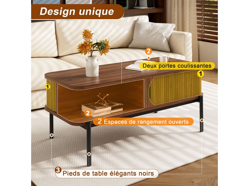  Table basse noyer 100x45x43cm rangement portes portes coulissantes coins arrondis brillant mdf salon rangement pratique moderne  - Conforama B