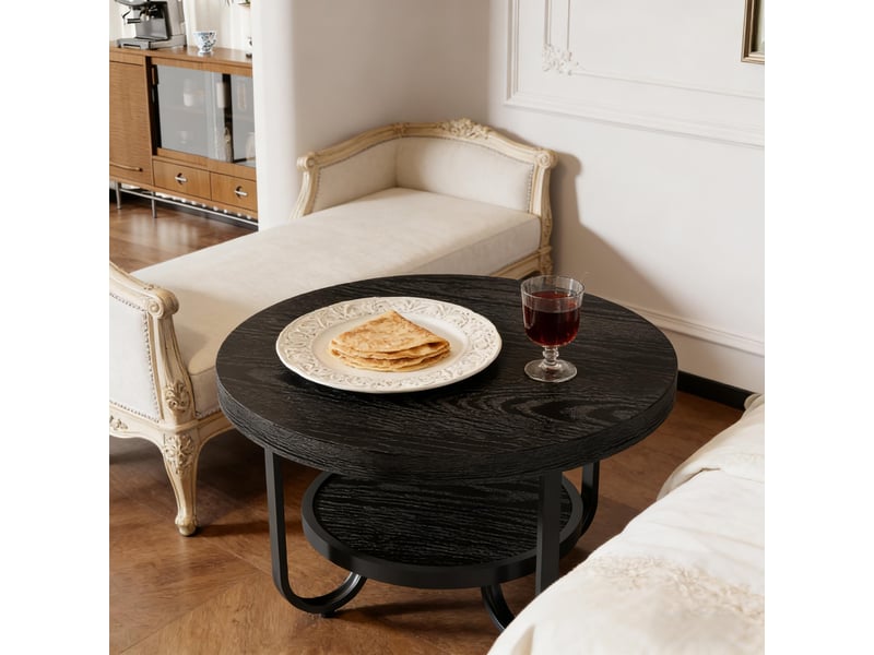  Table basse ronde, 79 cm, 2 niveaux avec rangement, mdf et métal, noir  - Conforama D