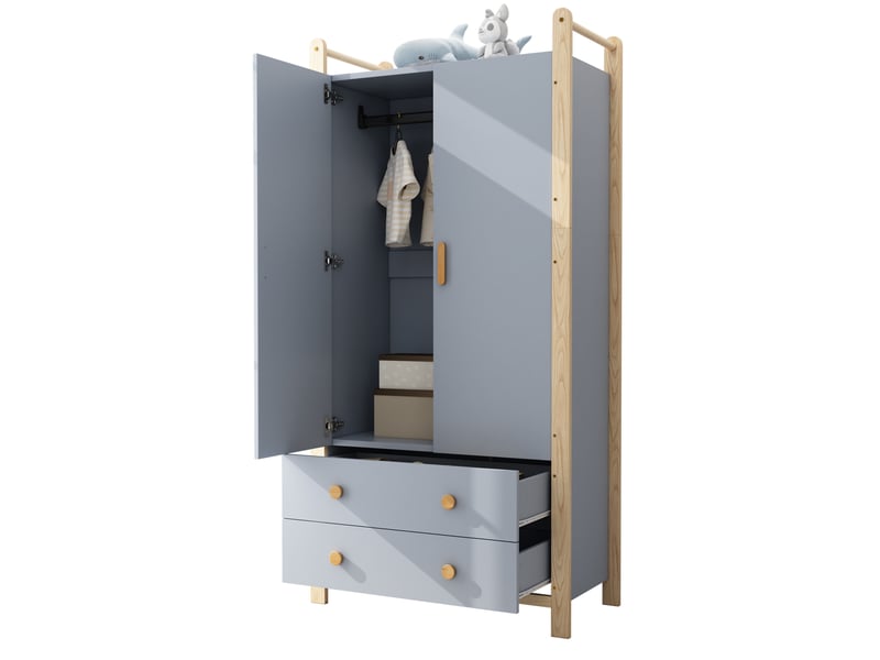 Armoire 2 portes avec penderie et 2 tiroirs pour chambre, en panneaux de particules et pin, bleu naturel, 89,6 × 44 × 180,5 cm - Conforama A