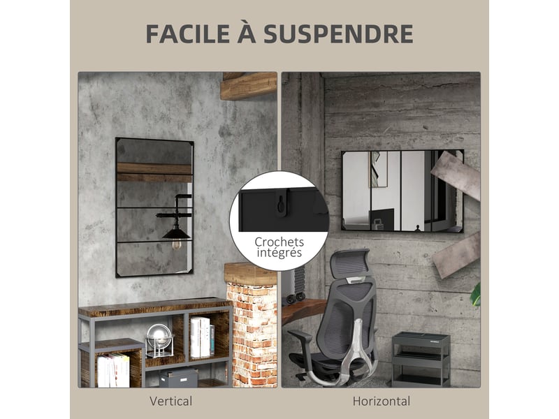  Miroir mural verrière rectangulaire style industriel, en métal noir 109 x 69 cm, horizontal ou vertical avec 4 crochets  - Conforama E