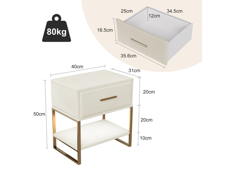 Lot de 2 tables de chevet en velours beige - 40x31x50 cm - piétement en métal doré - 1 tiroir et 1 étagère - design élégant et moderne - Conforama B