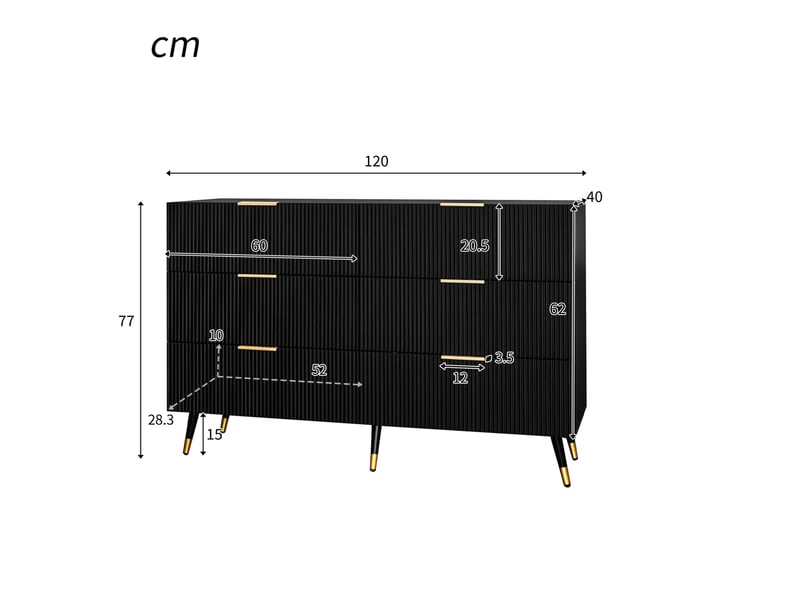  Commode 120x40x77 cm, meuble salon, chiffonier avec 6 tiroirs de rangement,en mdf, noir  - Conforama C