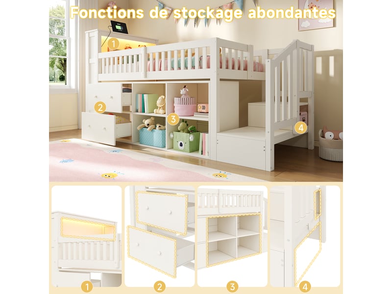 Lit mezzanine 90x200 cm – avec escalier rangement étagères led et usb – pin massif et mdf – blanc CozyNest - Conforama D