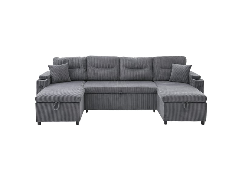  Canapé 4 places en velours gris anthracite avec méridiennes des deux côtés, rangement, porte-gobelets, usb, fonction lit extensible, pour salon  - Conforama A