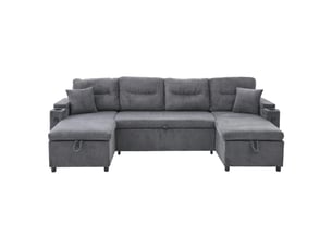 Canapé 4 places en velours gris anthracite avec méridiennes des deux côtés, rangement, porte-gobelets, usb, fonction lit extensible, pour salon