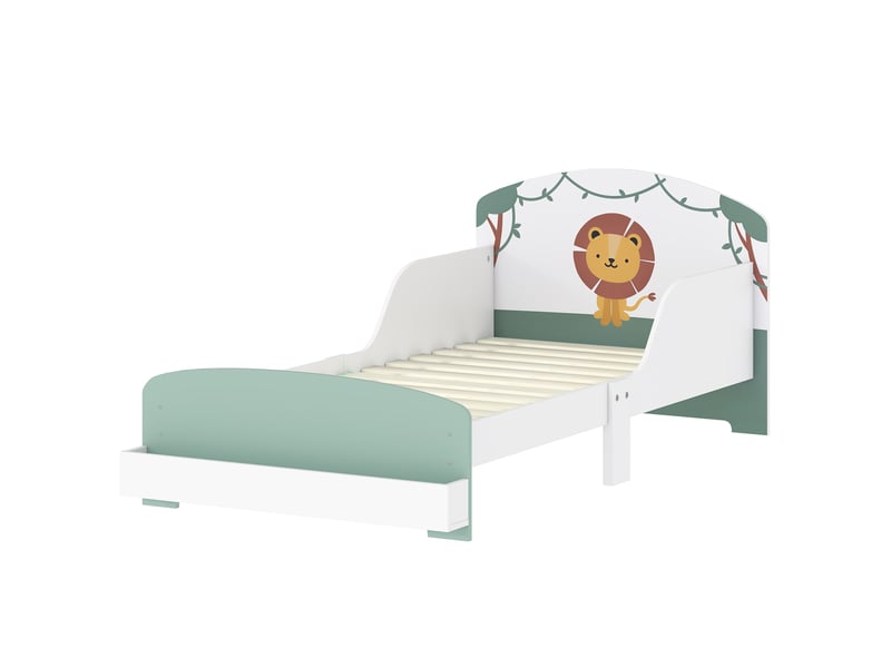  Lit enfant bas en bois avec barrières latérales, rangement au pied, vert 150x77x60 cm  - Conforama B