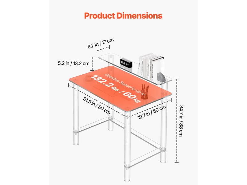 Vevor table de bureau en acrylique, 50 x 80 x 88 cm, bureau deetude transparent a 2 niveaux avec support deecran, table console en acrylique moderne, capacite de charge 60 kg, pour chambre, salon  - Conforama C