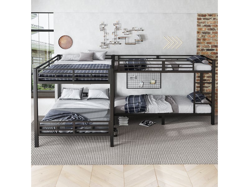  Lit superposé 90x200cm &amp; 140x200cm, lit d'angle pour chambre enfant et gîte, triple lit familial avec sommier à lattes et échelle 3 marches, noir  - Conforama C