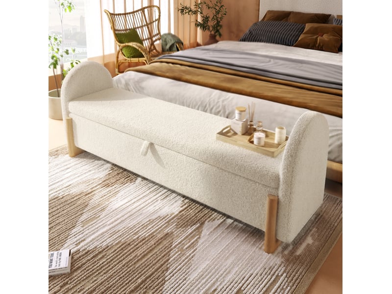  Banc coffre 146x47x61 cm avec rangement, tissu chenille bouclé, blanc  - Conforama C