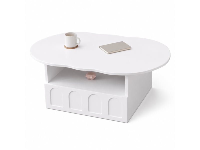  Table basse en forme de nuage avec tiroir et niche pour salon en panneaux de particules 100×60×40,5 cm blanc  - Conforama A