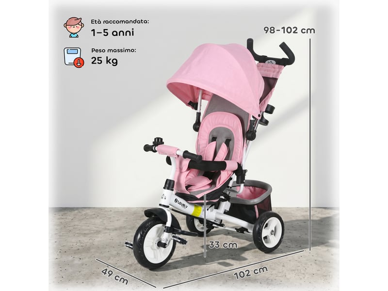 Tricycle pour enfants de 1 à 5 ans avec poignée et capote réglable, 102 x 49 x 102 cm, blanc et rose  - Conforama C