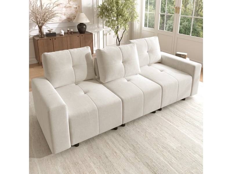 Canapé convertible 3 places droit chenille beige blanc, profondeur réglable jusqu'à 68 cm, structure bois massif, confort ergonomique salon moderne - Conforama B