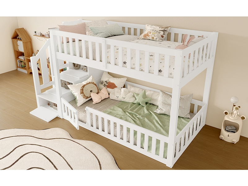 Lit superposé 2 × 90 × 200 cm, escalier avec rangements, barrière basse avec portillon, pin massif et mdf, blanc - Conforama B