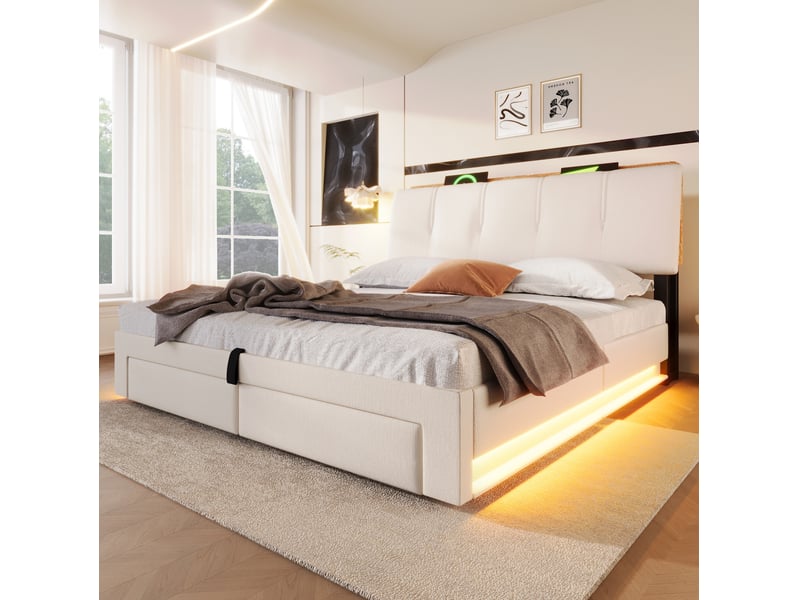  Lit coffre 140x200 cm led usb et usb-c avec rangements coloris beige  - Conforama D