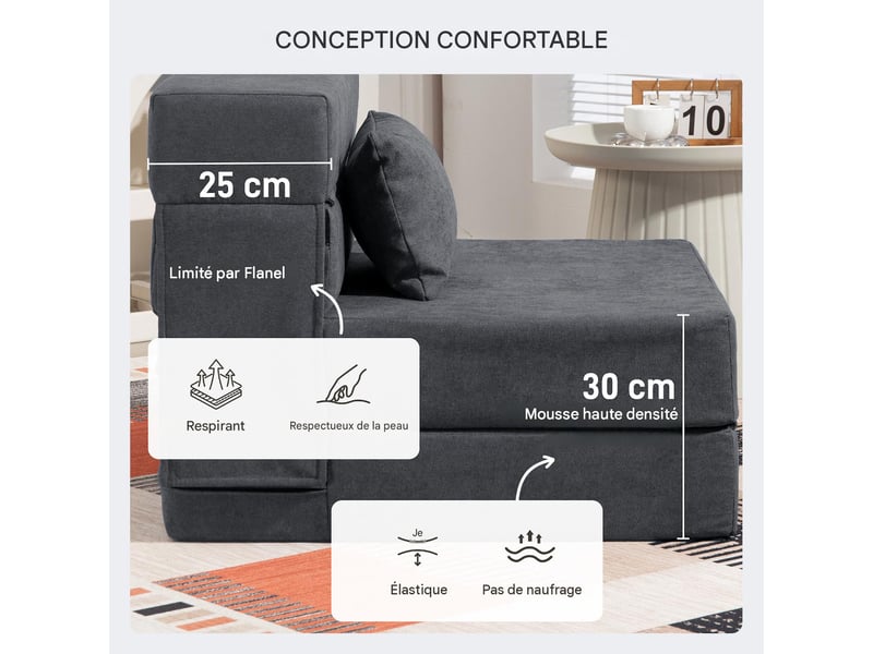  Chauffeuse convertible 1 place avec coussin tissu gris foncé 80x80x64 cm  - Conforama E