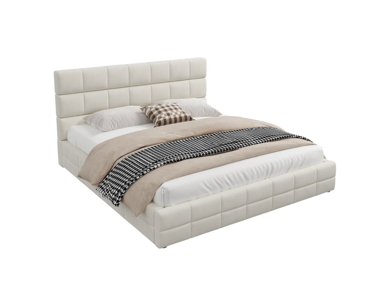  Lit rembourré beige 180x200 cm en velours avec tête de lit garnie de mousse, surpiqûres décoratives et sommier à lattes  - Conforama A