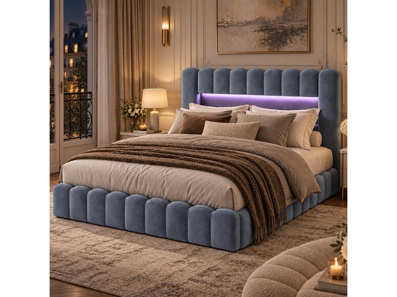  Lit coffre 180 x 200 cm avec led et ports usb,lit double rembourré , rangement hydraulique, lit fonctionnel,velours ,gris  - Conforama B
