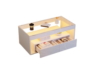Table basse avec 2 tiroirs, 2 niches et led pour salon, en panneau de particules, blanche, 100 × 50 × 40 cm