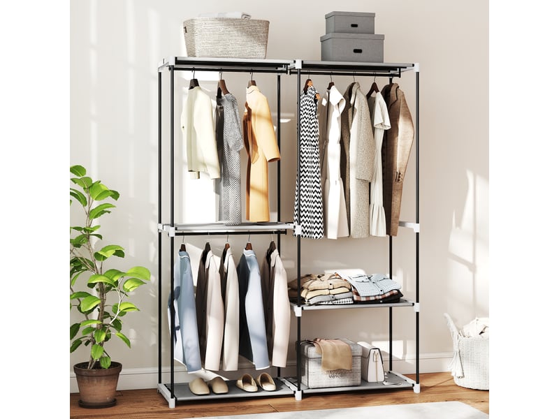  Armoire ouverte avec 4 étagères en tissu, 3 tringles à vêtements, structure métallique, 142 x 43 x 185 cm, gris clair  - Conforama C