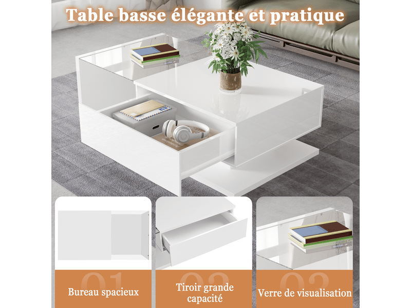  Table basse blanche laquée. Tables d'appoint et tables basses en verre avec éclairage led.  - Conforama D