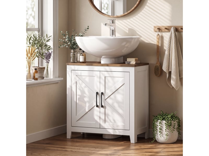  Meuble sous lavabo, meuble de salle de bain moderne avec 2 portes de grange et étagère réglable, blanc  - Conforama D