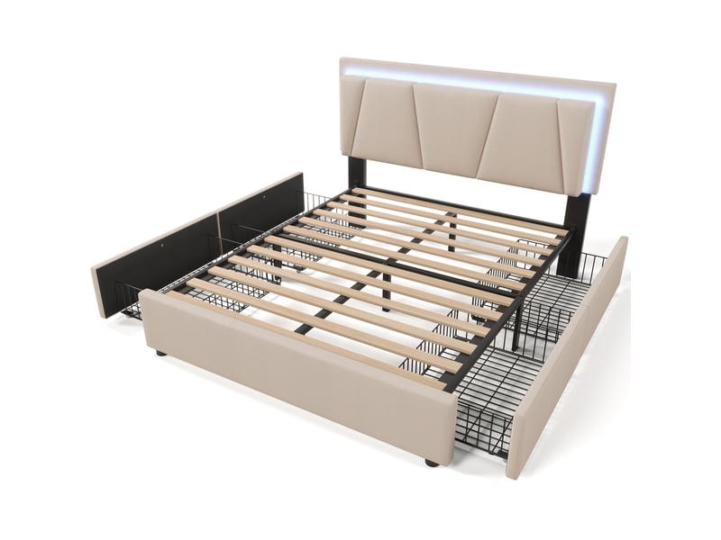 Lit coffre 160x200 cm beige, tissu, sommier à lattes bois, tête de lit réglable, 4 tiroirs, led intégré, matelas inclus  - Conforama A