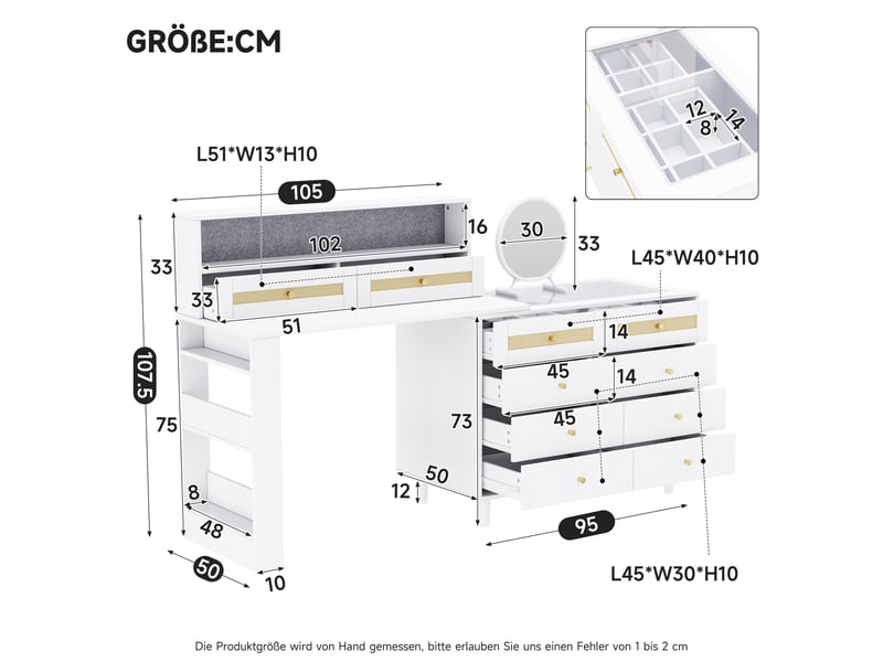  Coiffeuse modulable en l avec miroir 105x50x108cm | style bohème blanc verre et cannage rotin | 10 tiroirs et armoire bijoux - blanc  - Conforama E