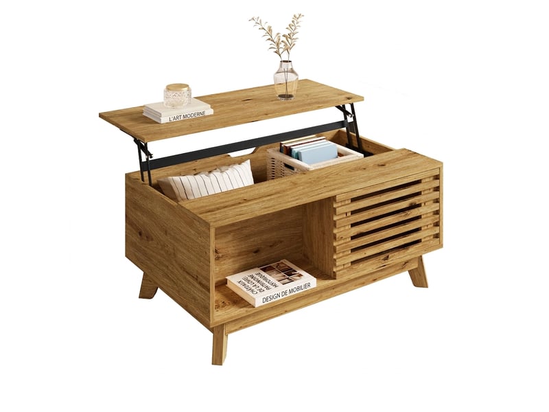  Table basse relevable vintage avec porte coulissante mdf aspect bois naturel  - Conforama B