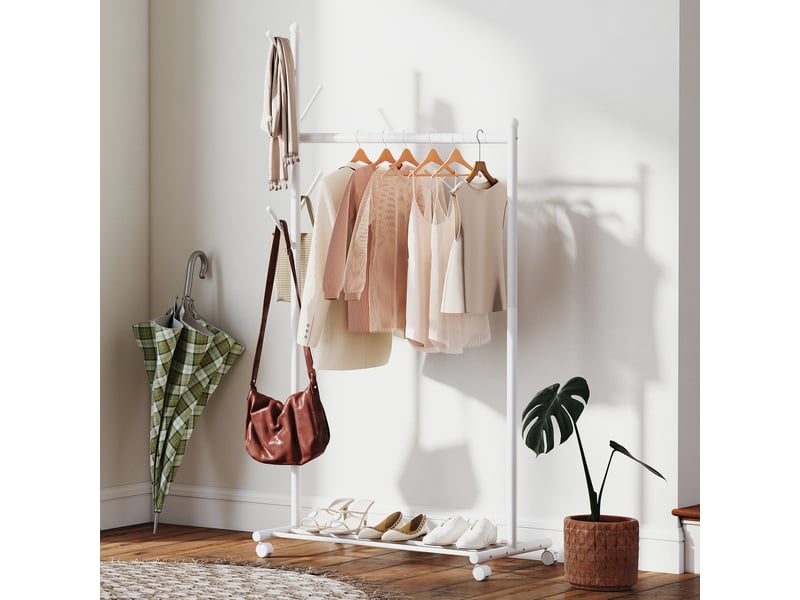  Porte-manteau à roulettes, 5 crochets et étagère à chaussures inférieure, en métal, charge maximale 9 kg, blanc  - Conforama D