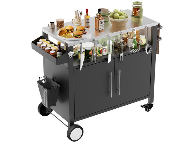  Chariot de barbecue à 2 portes avec étagère ouverte, crochets, porte-épices et roulettes pour jardin, noir  - Conforama A