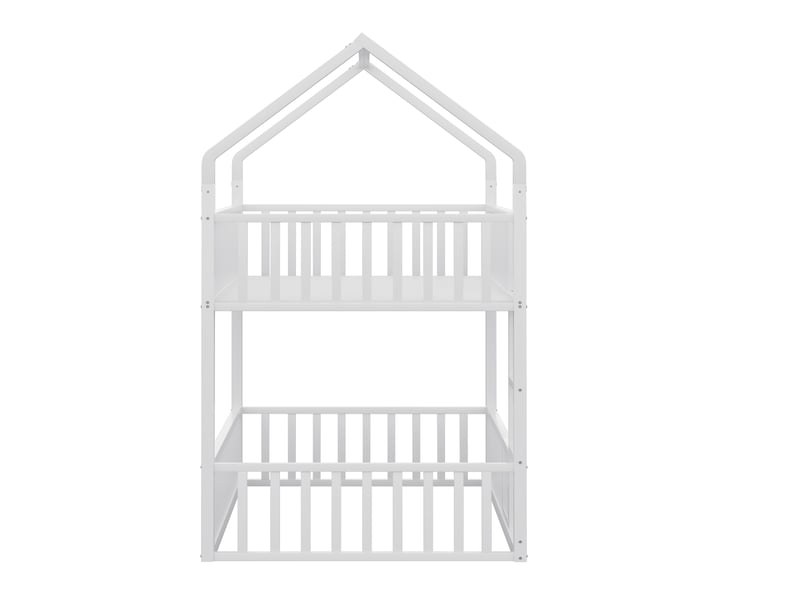  Lit superposé enfant 200×90 cm avec cadre en forme de maison, porte ouvrante, échelle et barrières, en métal blanc  - Conforama E