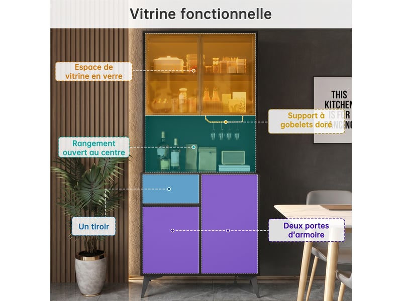 Armoire de cuisine vitrine buffet vaisselier meuble de rangement salle à manger noir et blanc mdf avec éclairage led app  - Conforama E
