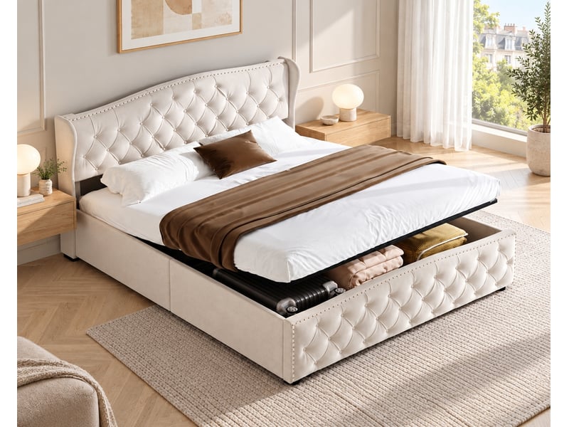  Yyxldynb lit coffre 140x200 cm avec rangememt, lit double rembourré avec sommier à lattes, cadre de lit 2 places avec tête de lit capitonnée, lit adulte, velours beige  - Conforama B