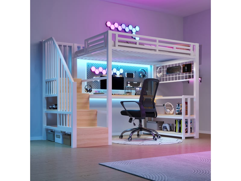  Lit mezzanine enfant 90x200cm, avec bureau, escalier de rangement, grille suspendue, led, 2 usb et 1 usb-c, métal, blanc evarich - Conforama B