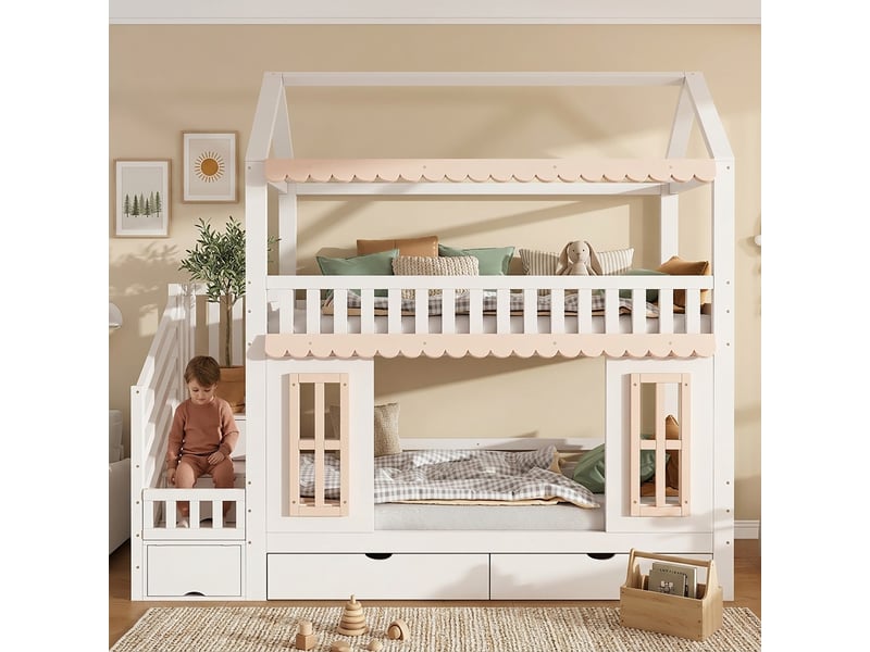  Lit superposé maison blanc et naturel 90x200 cm en pin et mdf, escalier de rangement, 2 tiroirs, fenêtres et moulures  - Conforama B