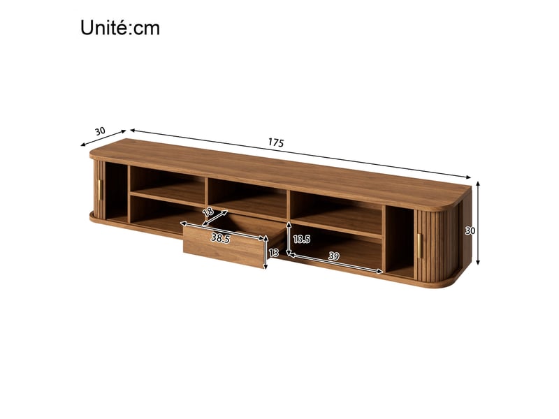  Meuble tv suspendu 170cm avec façade rainurée verticale, en mdf led inférieure réglable, pour salon moderne,bois foncé  - Conforama C