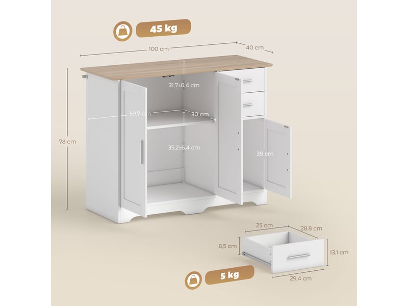  Buffet de salon, meuble de rangement avec 2 tiroirs, 3 portes et une étagère réglable, 100 x 40 x 78 cm, bois blanc et naturel  - Conforama E