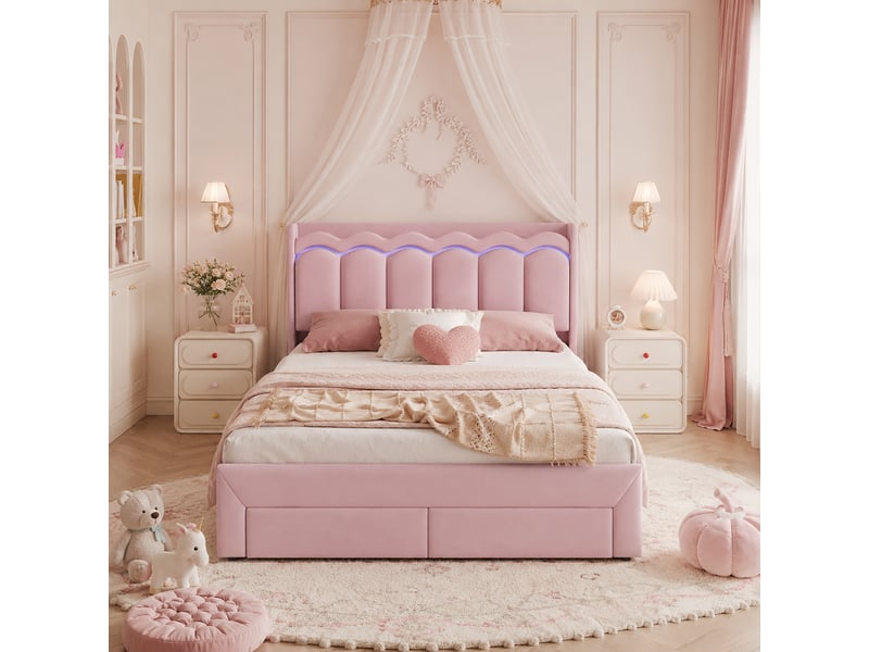  Lit enfant rembourré 140 x 200 cm, 2 tiroirs au pied, tête de lit ondulée avec tablette et led connectée, rose evarich - Conforama B