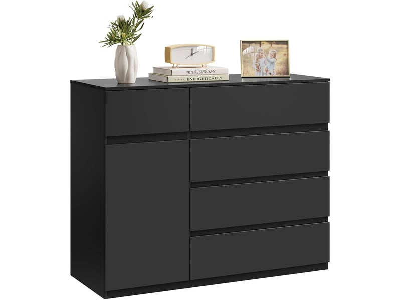 Commode chambre, avec 5 tiroirs et 1 placard , en bois d'ingénierie, 100x40x80 cm, noir  - Conforama A
