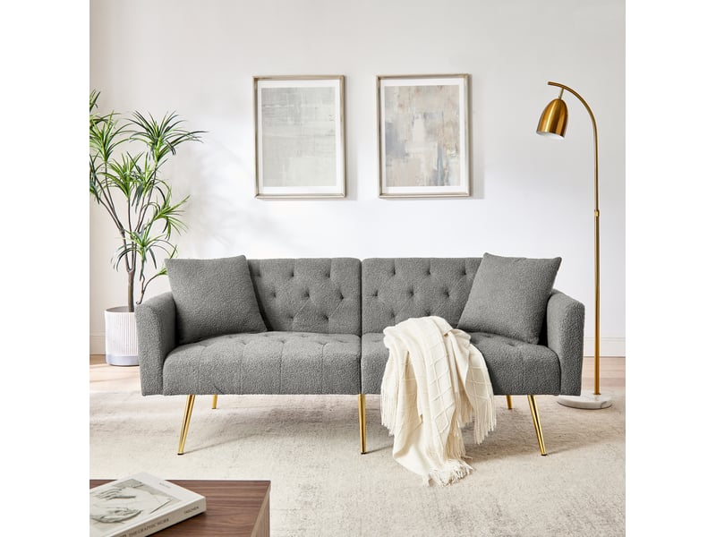  Canapé 2 places convertible 177x78x74 cm, dossier 3 positions, deux coussins, pieds métal, teddy, gris  - Conforama E