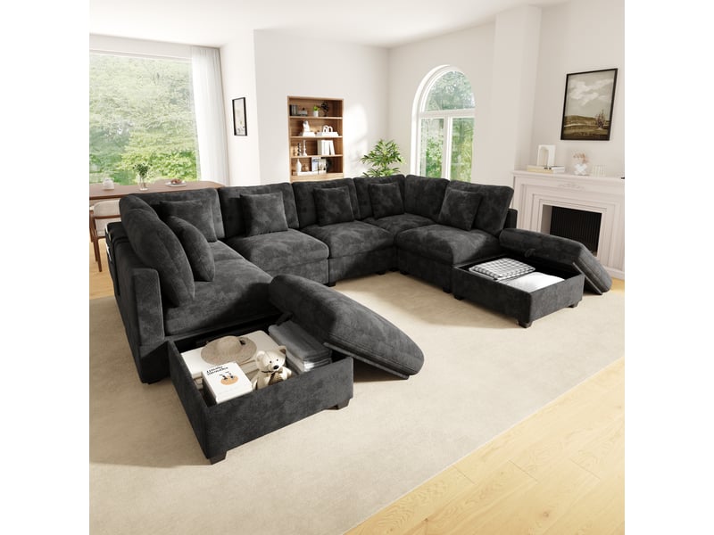 Canapé d’angle modulable avec rangement xl 8 places 292 x 220 x 81 cm grand canapé en l avec méridienne et pouf chenille gris  - Conforama B