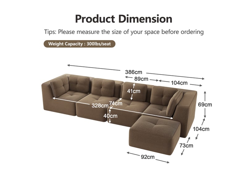  Canapé modulaire 4 places avec assise profonde, coussins moelleux et base antidérapante en velours côtelé marron  - Conforama E
