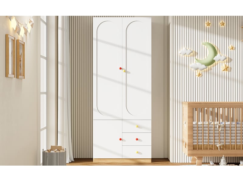 Armoire 2 portes avec tiroirs, meuble enfant blanc, tringle et poignées en céramique colorées  - Conforama B