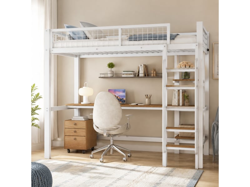  Lit mezzanine 90x200 cm avec bureau et étagères en métal et bois blanc et naturel  - Conforama B