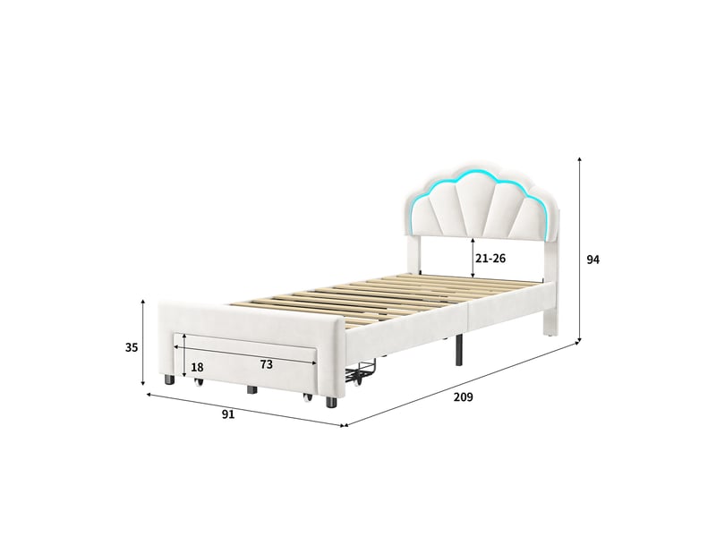 Lit simple 90x200, éclairage led et tiroir de rangement, lit enfant, tête de lit coquillage ajustable, velours, blanc - Conforama E