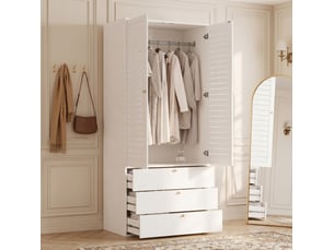 Armoire 2 portes modenvie à lamelles 90 x 50 x 200 cm avec 3 tiroirs blanc