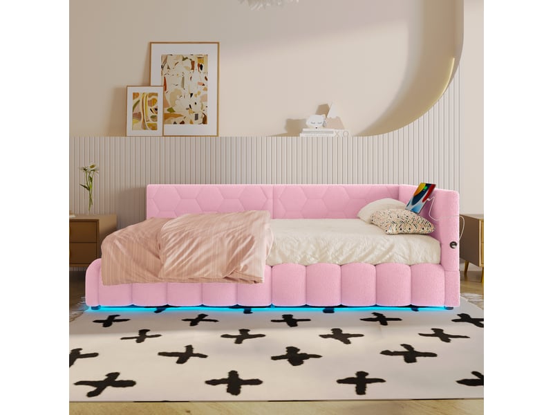  Lit banquette 90x200 rose avec éclairage led - lit coffre hydraulique velours avec ports usb  - Conforama B