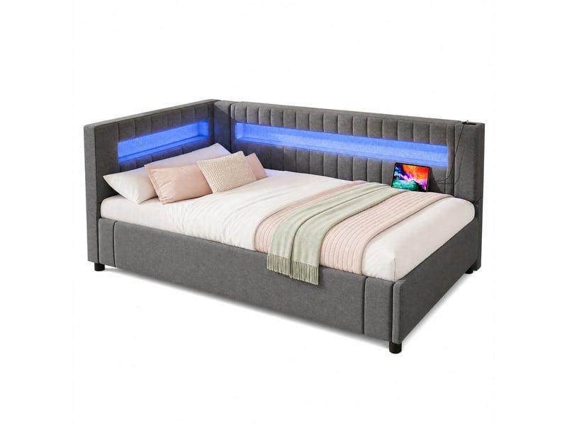  Lit coffre jeune, 90x200 cm, lit avec rangement, lit de jour avec éclairage led, connectique usb c, lin, coloris gris  - Conforama A