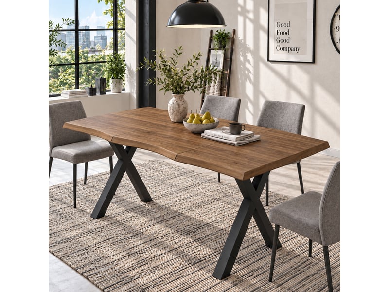  Table de séjour rectangulaire 160 x 78 x 75 cm, 4 à 6 personnes, plateau épais aux bords ondulés, structure stable, mdf, couleur noyer Morn Vibe - Conforama B