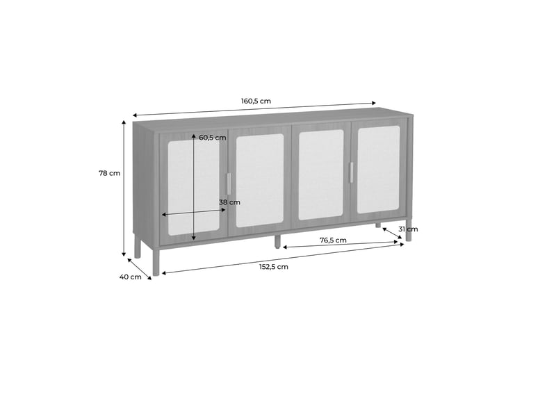  Buffet vintage décor bois et cannage 4 portes 160cm noyer - etta  - Conforama D